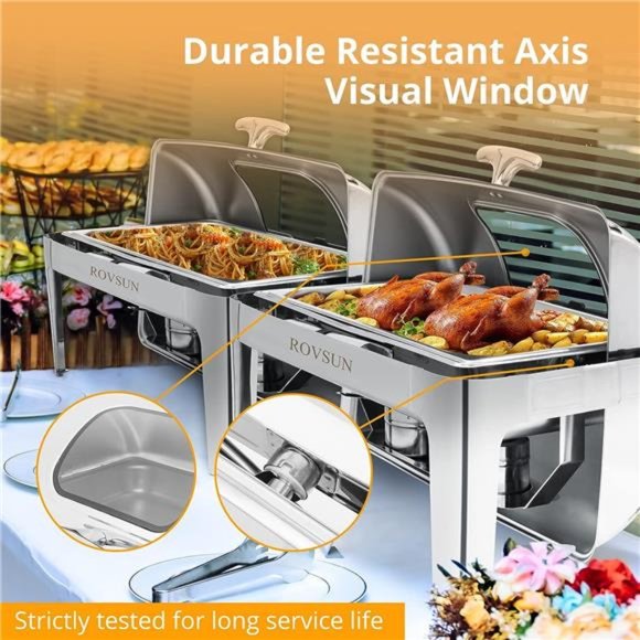 Roll Top Chafing Dish Buffet Set,9 Quart Rectangular Stainless Steel Chafer - Picture 5 of 7